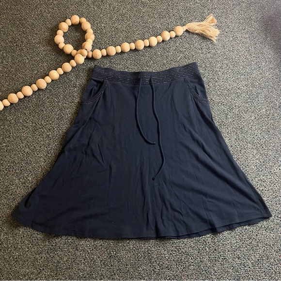 Black Stretch Modest Cotton Casual Metallic Elastic A-Line Flare Midi Skirt Sz M - Picture 3 of 16